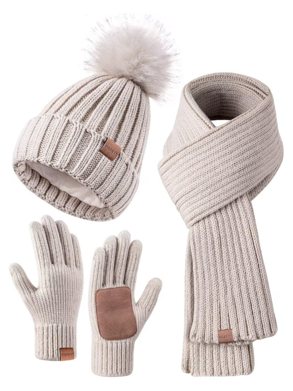 Women's Winter Beanie Scarf Gloves Set 3 Piece Acrylic Pom Pom Touchscreen